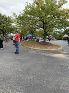 The line starting to form at the Hillbilly Hibachi truck starts to form.